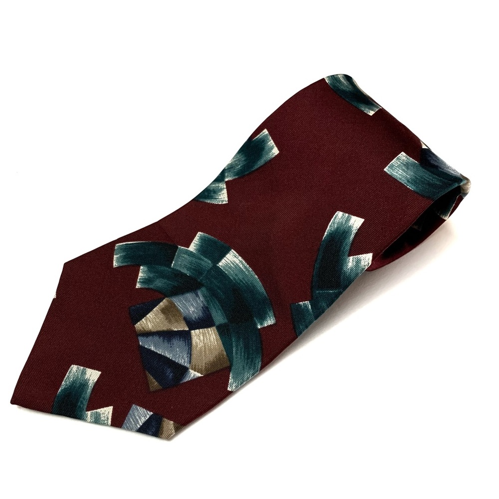 Don Loper 100% Italian Silk Dark Red Multicolored Circular Geometric Neck Tie